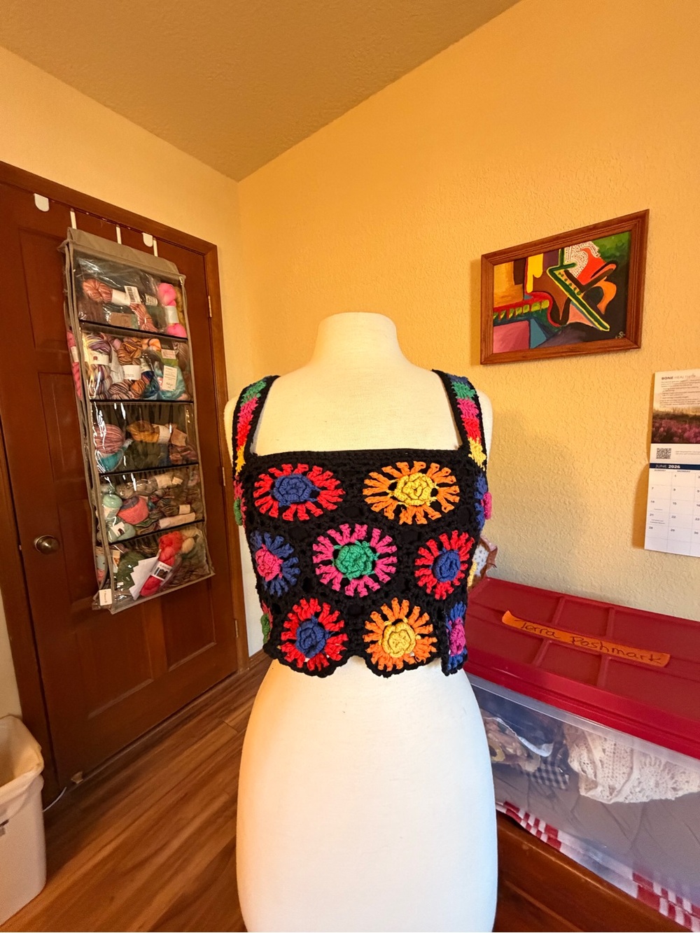 FARM Rio Black Crochet Multicolor Floral Square-Neck Crop Top